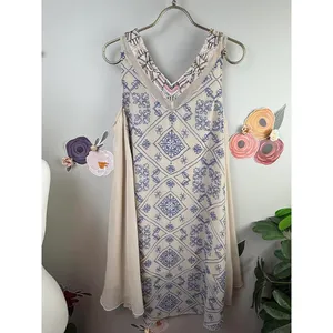 Free People Cream & Pink Sleeveless Beaded Sleeveless Shift Dress - Size - Small thumbnail 4