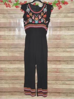 Savanna Jane M Black Embroidered Jumpsuit Boho Western Floral Wide Leg Rayon thumbnail 2