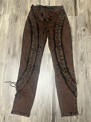 AKIRA Label Kat Brown Lace Up Distressed Slim Flare Jeans Size Small thumbnail 1