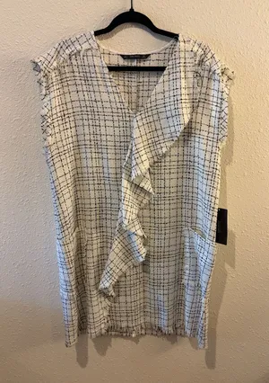 NWT Zara Basics White and Black Checked Ruffle Tunic thumbnail 1