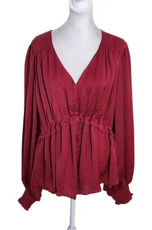 Umgee Burgundy Satin Sheen Babydoll Blouse Size Large thumbnail 1