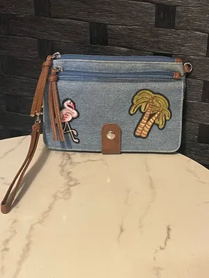 Vtg 1990's DENIM CLUTCH BAG BEACH THEME UNBRANDED FLAMINGO/PALM TREE thumbnail 2