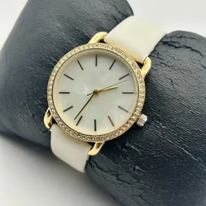 Women’s Gold-tone Crystal Bezel Mother Pearl Dial White Band Minimalist Watch thumbnail 2