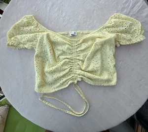 Hollister Pale Yellow Eyelet Ruched Puff-Sleeve Crop Top thumbnail 1
