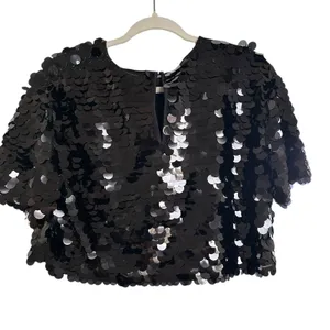 A New Day Women's Black Sequin Paillettes Short Sleeve Blouse Top, Size S, EUC thumbnail 3
