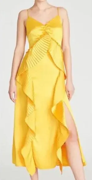 NWT AMUR Leena Pleated Ruffe Satin Maxi Slip Dress in Tuscany Yellow Sz. 12 thumbnail 1