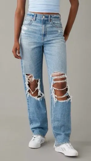 American Eagle Strigid Highest Rise Baggy Straight Ripped Distressed Jean thumbnail 1