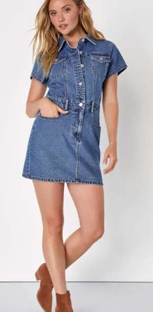 Lulu’s Ready to Charm Medium Wash Short Sleeve Denim Mini Dress Sz M thumbnail 1