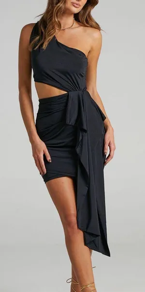 Showpo Black one shoulder drape mini dress thumbnail 1