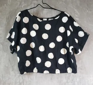 Tabitha Brown Polka Dot Woven Linen Rayon Button Back Blouse Size L Black Size L thumbnail 1