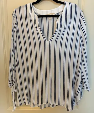 Michael Kors White and Navy Vertical Stripe V-Neck Tunic Women's Sz Large thumbnail 1