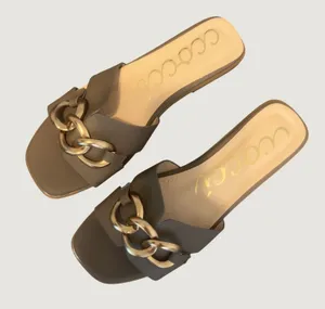 1505 | NEW! Ccocci Baylor Gold Chain Square Toe Slide Mule Sandals Mocha Women 8 thumbnail 1