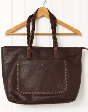 Weimersaige Brown Shoulder Tote Bag Braided Handles Whipstitch Zip Large thumbnail 1