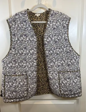 POL Corduroy Floral Leopard Open‎ Front Vest Size Small Medium Oversized Pockets thumbnail 1