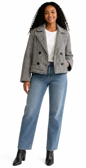 ZARA Womens Cropped Jacket XS Black White Houndstooth Plaid Preppy Chic Academia thumbnail 1