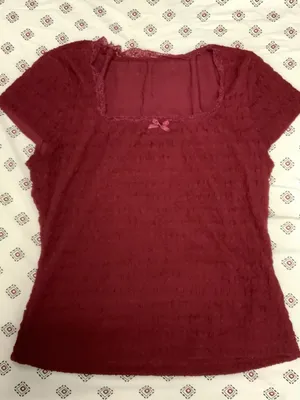 Women’s short sleeve red ruffled t shirt top coquette bow lace feminine small thumbnail 1