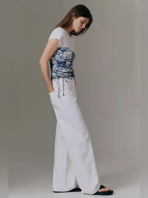 Anthropologie White Tee with Blue Floral Corset Detail thumbnail 2