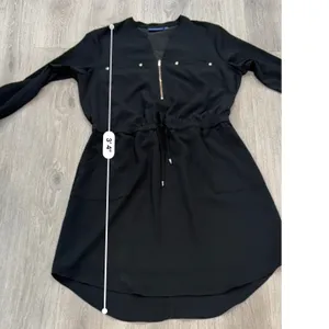 Apt. 9 Black Utility Shirt Dress Gold Zip Cinch Waist Long Sleeve Office Chic L thumbnail 10