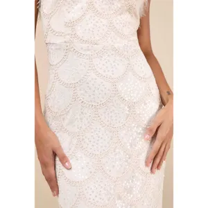 Lulus Uniquely Confident Cream Lace Feather Strapless Midi Dress Cocktail L NWT thumbnail 4
