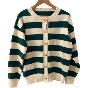 Long Sleeve Crew Neck Button Up Striped Sweater Cardigan Green White Size Large thumbnail 2
