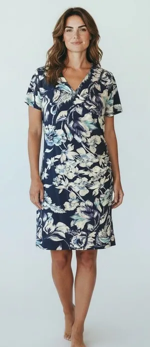 Soft Surroundings Blue Floral Faux Wrap Dress Size PS Ruched Short Sleeve Knit thumbnail 1