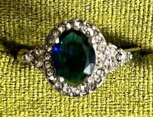 Oval Blue Gemstone Ring with CZ Diamond Halo Titanium Steel Silver Band Size 8 thumbnail 1