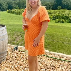 Louna Orange Gingham Mini Dress SMALL Peasant Puff Sleeve Milkmaid Cotton $108 thumbnail 8