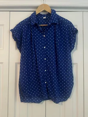 Old Navy Navy Polka Dot Button-Up Blouse, Large thumbnail 1