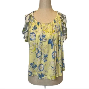 Free People Yellow Baja Babe Printed Cold‎ Shoulder Short Sleeve Top Size XS thumbnail 6
