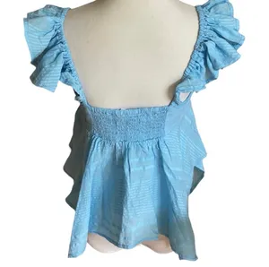 Urban Outfitters Blue Textured Babydoll Cami Ruffle Shirt Blouse Lightweight M thumbnail 6