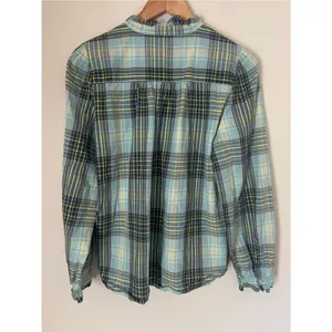 LOFT Plaid Preppy Button Front Ruffle Detail Shirt in Teal Navy Yellow Green M thumbnail 4