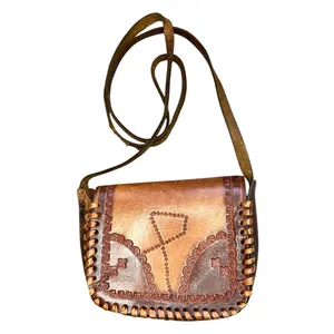 Vintage brown Tooled Leather Crossbody Bag boho retro western purse handcrafted thumbnail 6