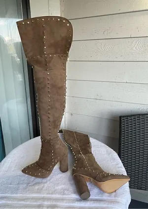 New Venus Faux Suede Studded Over the knee Taupe Boots thumbnail 1