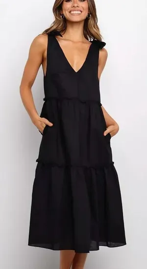 Petal + Pup Erenda Dress Size 10 Black Linen Cotton Tiered Midi Boho Summer thumbnail 1