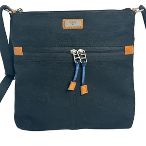 Fossil Black Canvas Crossbody Bag Leather Trim Messenger Shoulder Bag Adjustable thumbnail 1