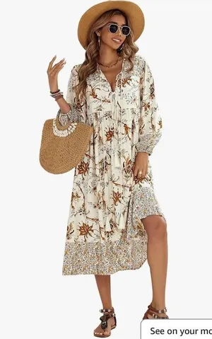 NEW Long Sleeve Floral Print Retro V Neck Tassel Bohemian Midi Dress 2X thumbnail 1