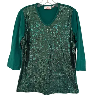 Quacker Factory Sequin V-Neck 3/4‎ Sleeve Glam Top Womens XS Green Holiday Party thumbnail 1