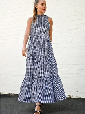 Wyatt Wylde Helena Gingham Tiered Halter Maxi Dress Size M thumbnail 8