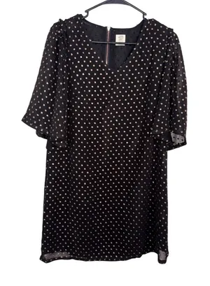 GOOD HART Matilda Jane Black‎ Gold Polka Dot Flutter Sleeve V Neck Dress XS thumbnail 1