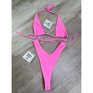 NEW Kulani Kinis Taffy Pink Ribbed Bikini Small Bind Tie Halter High Leg Thong thumbnail 3