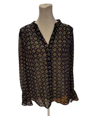 CAbi Women's Small Multicolor Geometric V-Neck Long Sleeve Sheer Blouse thumbnail 1