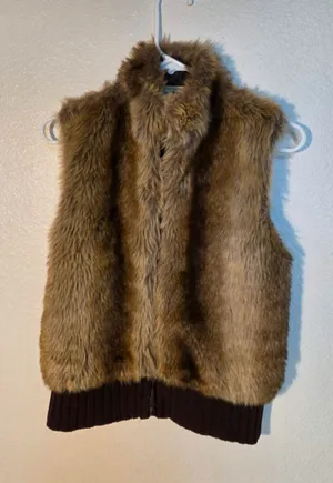 Tiara Faux Fur Zip Front Knit Back Sleeveless Vest Multi Brown Tan Medium W-248 thumbnail 1