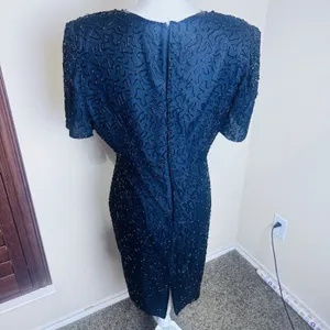 Vintage 90s Laurence Kazar Silk Dress Black fully Beaded Statement Formal XL‎ thumbnail 5