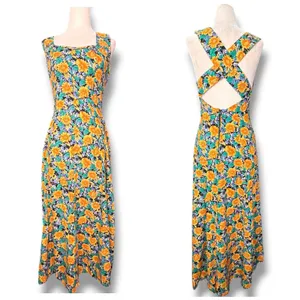Vintage All That Jazz Floral Maxi Dress Open Cross Back Sunflower Garden Party thumbnail 2