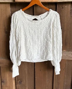 Free People White Lace Blouson Sleeve Keyhole Back Boho Top thumbnail 1