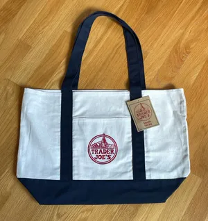 Trader Joe’s Reusable Canvas Tote Bag Navy & Cream Embroidered Logo NWT thumbnail 1