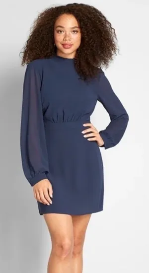NWT ModCloth Sheer Long Sleeve Mock‎ Neck Mini Dress in Navy Blue Size 6 thumbnail 1