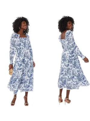 Hyacinth House Long Sleeve Georgina Midi Dress in Blue Toile XXSmall New Womens thumbnail 12