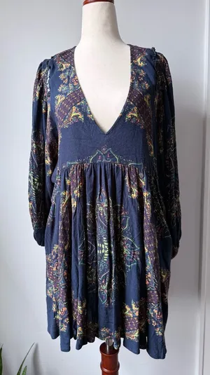 Free People Navy Floral V-Neck Mini Dress thumbnail 1