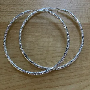 Silver Tone Diamond Cut Round 3.5 inch Statement Hoops thumbnail 1